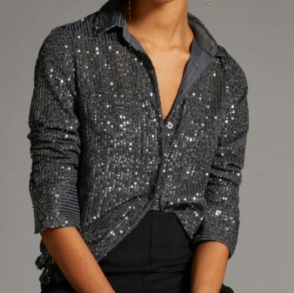 Anthropologie Gray Collared Sequined Button Down Shirt In S NWT - Picture 2 of 9